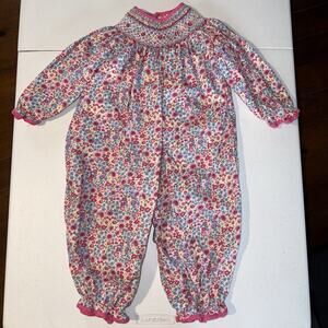 Petit Ami Baby Girl Floral Smocked Romper Long Sleeve Pink Cotton Size 18 Months